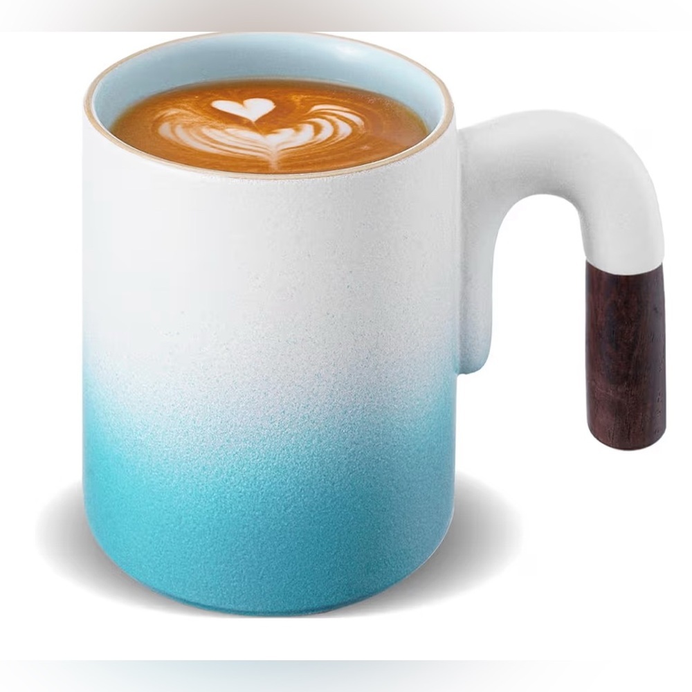 Vintage Coffee Mug with Wooden Handle - 14 oz Latte Cup set of 2 (072)
